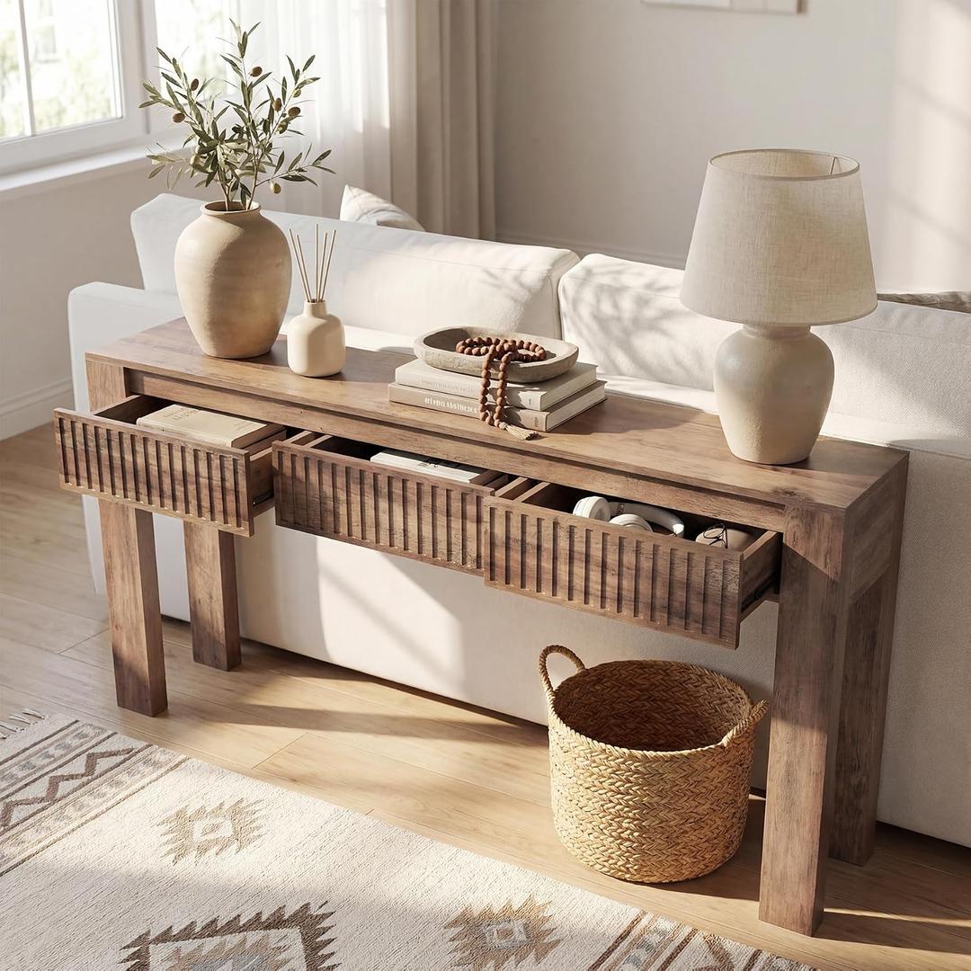 LITTLE TREE 63 Inches Long Console Table with 3 Drawers, Brown Sofa Table Behind Couch for Living Room, Wooden Hallway Foyer Entry Table for Entrance