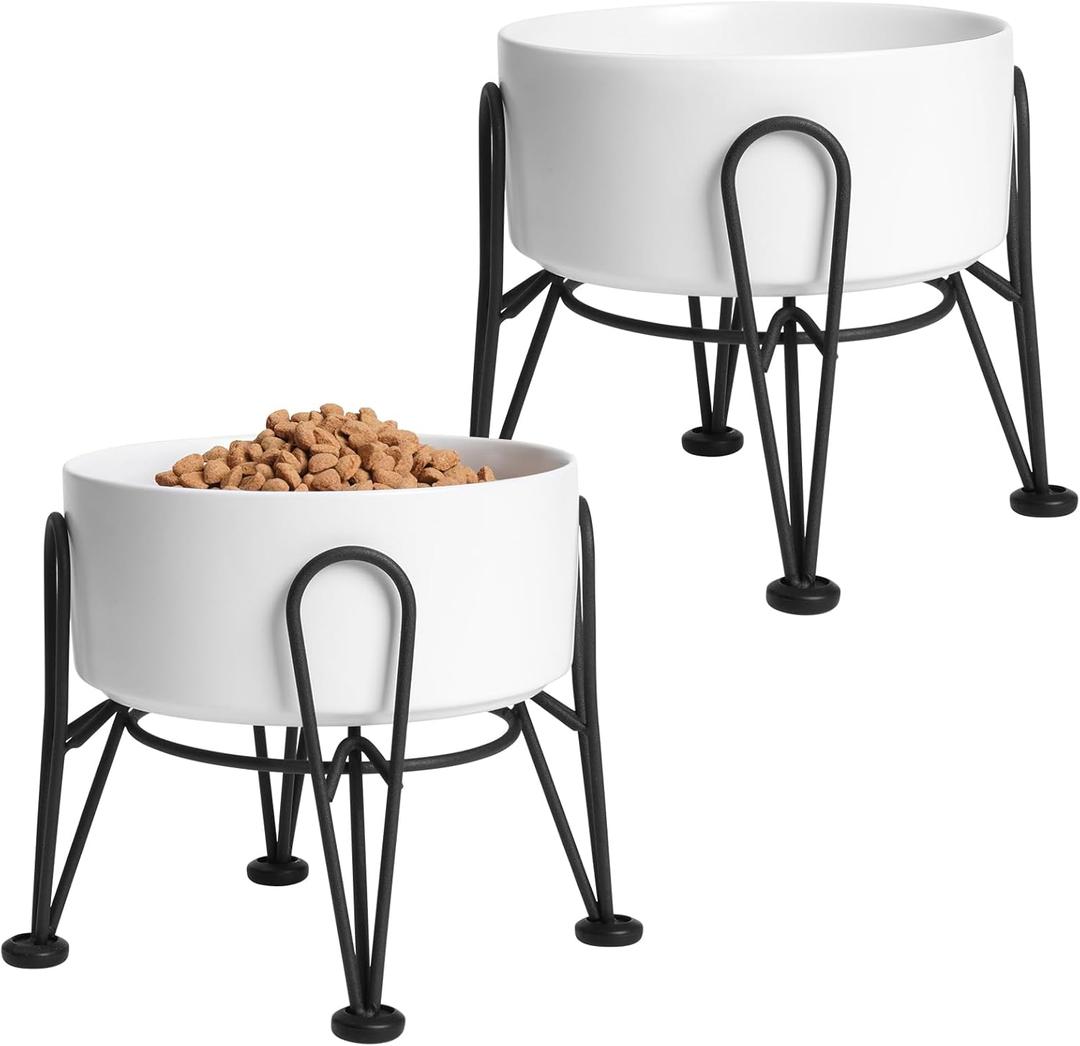 Elevated Dog Bowls, Ceramic Raised Dog Bowl Set with Anti-Slip and Non-Tip Metal Stand, 2 Pack Pet Food and Water Feeding Bowls for Small and Medium Dogs (White, 3.6 Cups)