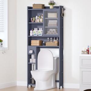 Over The Toilet Storage Cabinet with Acrylic Door Panel and Paper Towel Drawer, Bamboo Space Saver Shelf, Bathroom Organizer Rack Above WC (Without Power Strip, Grey)