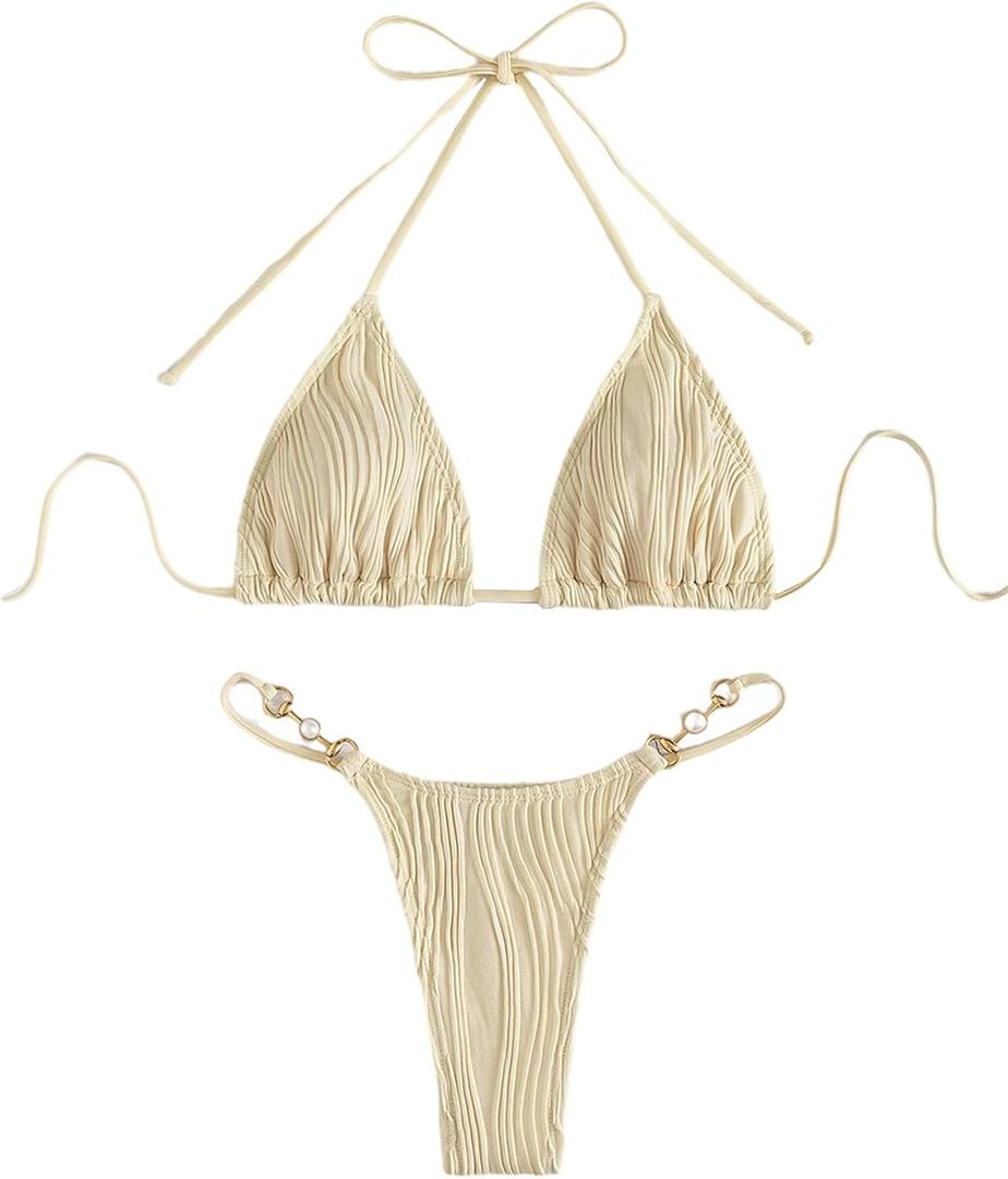 Verdusa Women's 2 Piece Bikini Set Swimsuits Swimwear Halter Triangle Top and Thong Bathing Suit (Beige)