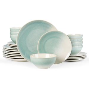 Famiware Glacier Dinnerware Sets, Plates and Bowls Dish Sets for 8 (24 Pieces), Stoneware Tableware - Dishwasher and Microwave Safe, Handcrafted Reactive Glaze, Aqua