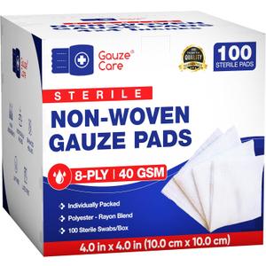 Gauze Care NonWoven Sterile Gauze Pads 4x4, Pack of 100, 8Ply, Soft, LintFree, Individually Wrapped, Sterile, Absorbent, Breathable, Perfect for Wound Care