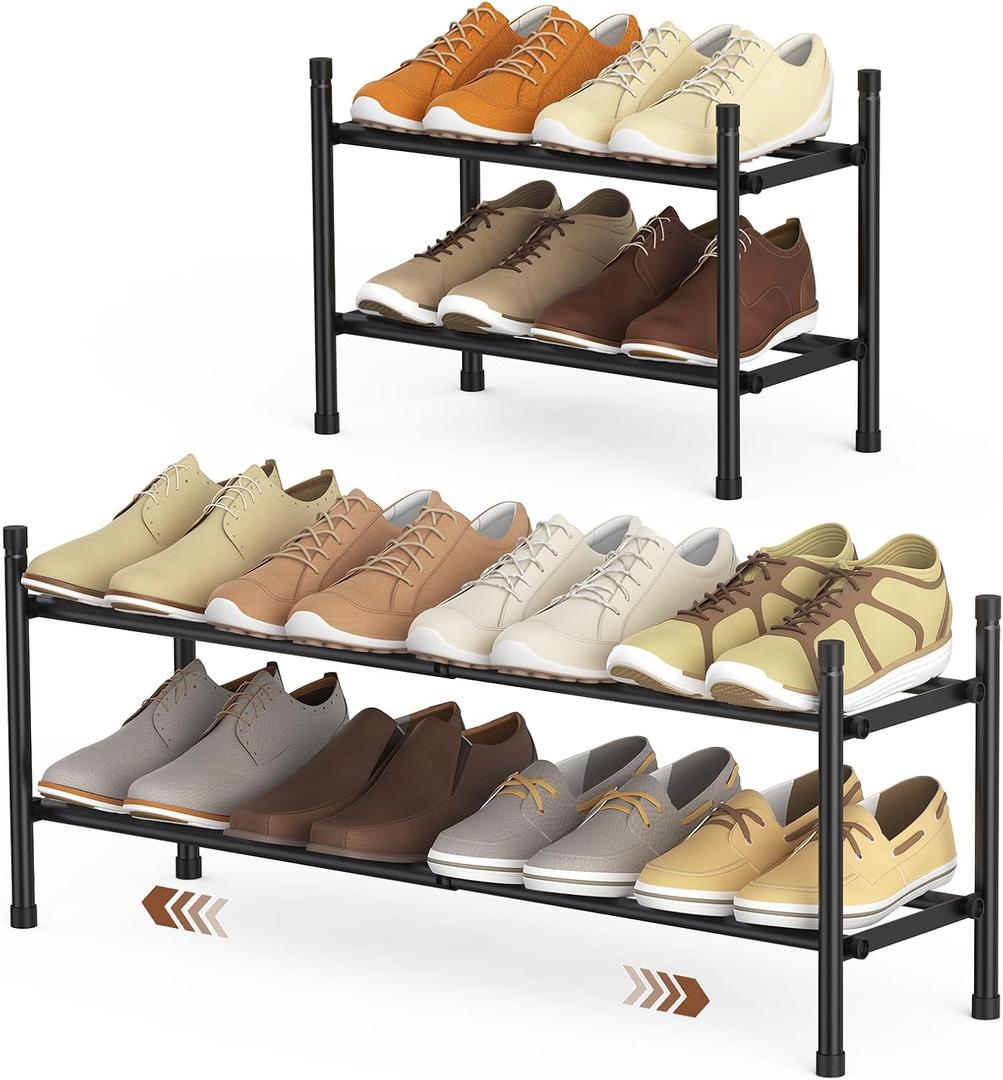 Expandable Shoe Rack, 2 Tier Shoe Rack for Closet, Stackable Adjustable Standing Metal Shoe Shelf Organizer Storage, Small Shoe Racks for Front Door EntranceEntryway(Black)