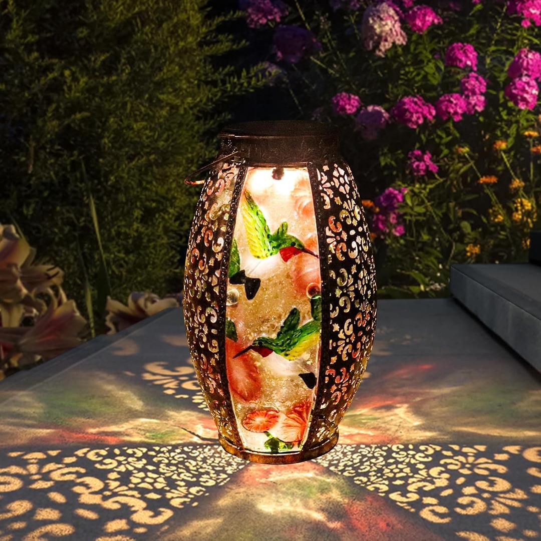 Solar Lanterns Outdoor Light Waterproof Hummingbird Garden Glass Decor Light Gifts for Women Mom Grandma Hanging Solar Decoration Lights Metal Outside for Yard, Backyard, Patio