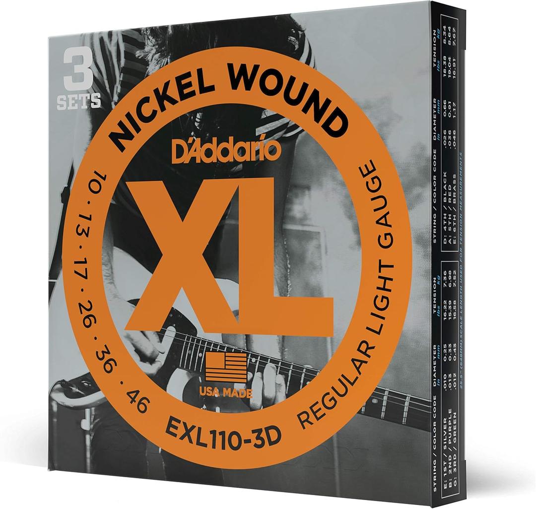 D'Addario Electric Guitar Strings, XL Nickel, EXL110-3D, Regular Light Gauge 10-46, 6-String Set, Pack of 3