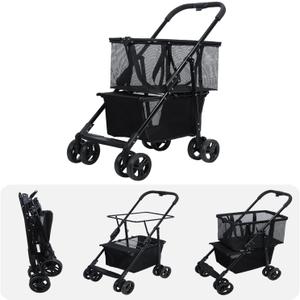 Multifunctional Folding Shopping Cart Foldable Double-Decker Foldable Personal Shopping Cart, Pet Stroller Detachable Carry Bag with Wheels (1 Set, Black)