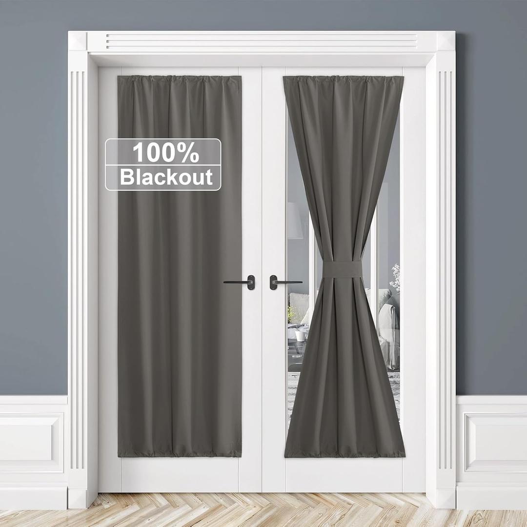 RYB HOME 100% Blackout Door Curtain Lightweight Portable and Easy to Install, Fully Room Darkening Privacy for French Door Kitchen Sidelight Window, W 25 x L 72, Grey, 1 Panel (25"W x 72"L (Pack of 1))