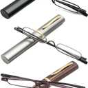 MMOWW Ultra Small Reading Glasses For Men Women Slim Pocket Readers with Pen Clip Metal Case Spring Hinge 3 Pairs (Black+Grey+Brown,+1.0)