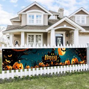 2 x 118x20 Inch Halloween Yard Decorations Outdoor Pumpkin Banner Haunted Castle Scene Happy Halloween Sign Bat Moon Backdrop for Fence Porch Garden Wall Party Seasonal Decor