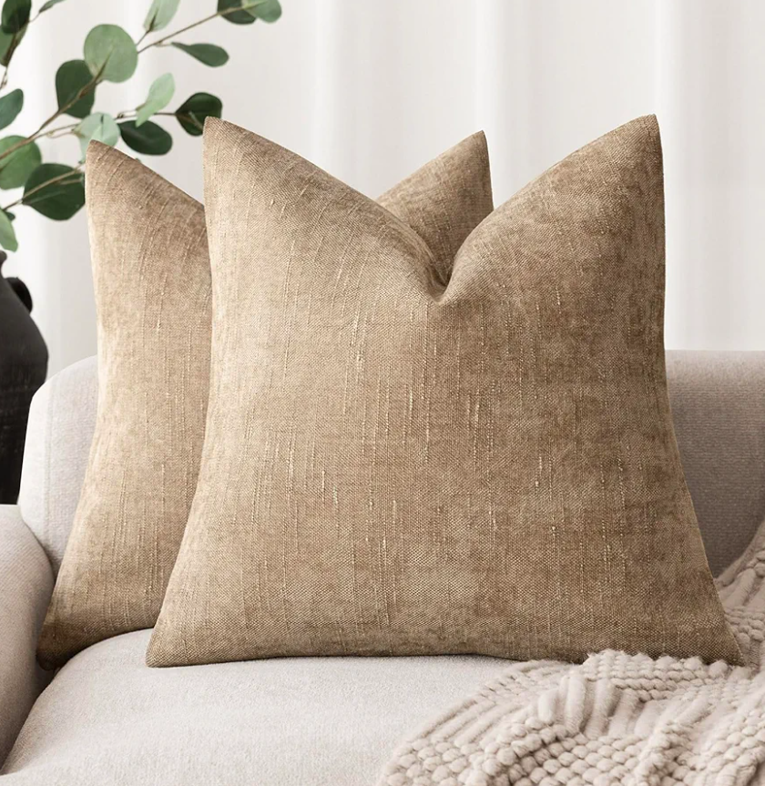 Foindtower Pack of 2 Textured Chenille Throw Decorative Pillow Covers Square Accent Solid Cushion Cover Neutral Farmhouse Pillow Case for Couch Sofa Bedroom Living Room 24x24 Inch,Taupe Khaki Camel