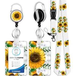 ID Badge Holder with Lanyard and Retractable Badge Reel Clip, Aesthetic Sunflower Card Name Tag Lanyard Vertical ID Protector Bage Clips for Nurse Nursing Doctor Teacher Student