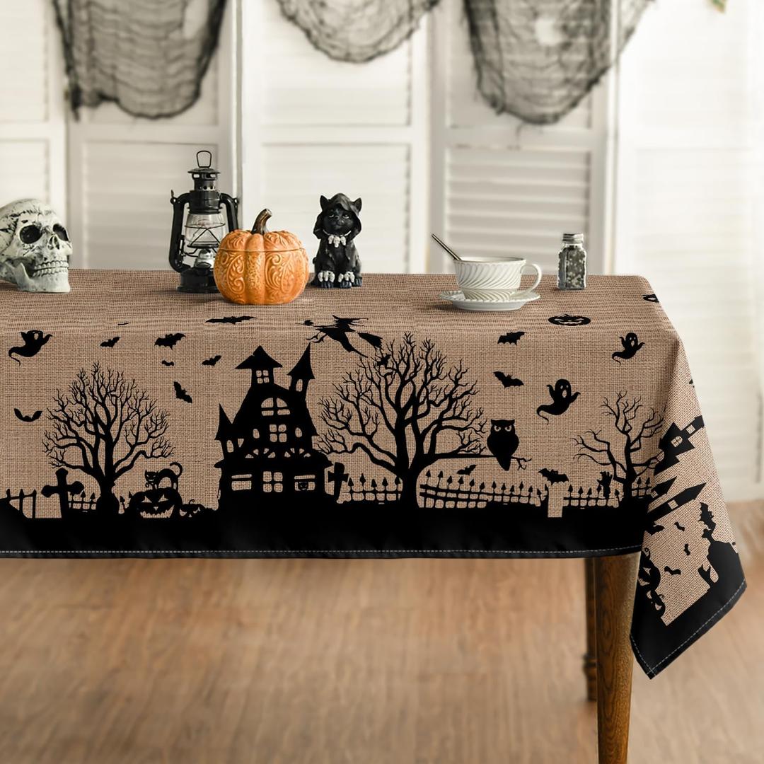 Horaldaily Halloween Tablecloth 52x70 Inch Rectangular, Castle Tree Scary Themed Beige Washable Table Cover for Party Picnic Dinner Decor
