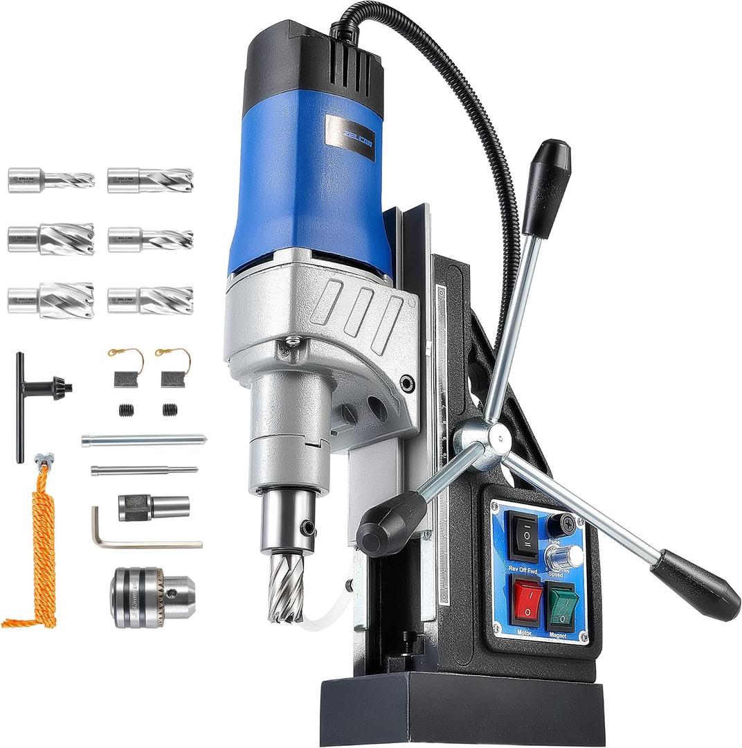 ZELCAN Mag Drill Press with 6 Drill Bits, 1550W Portable Magnetic Press with 2" Boring Diameter, 0-580 rpm Stepless Speed & Reversible Direction, 2922 lbf Power Magnetic