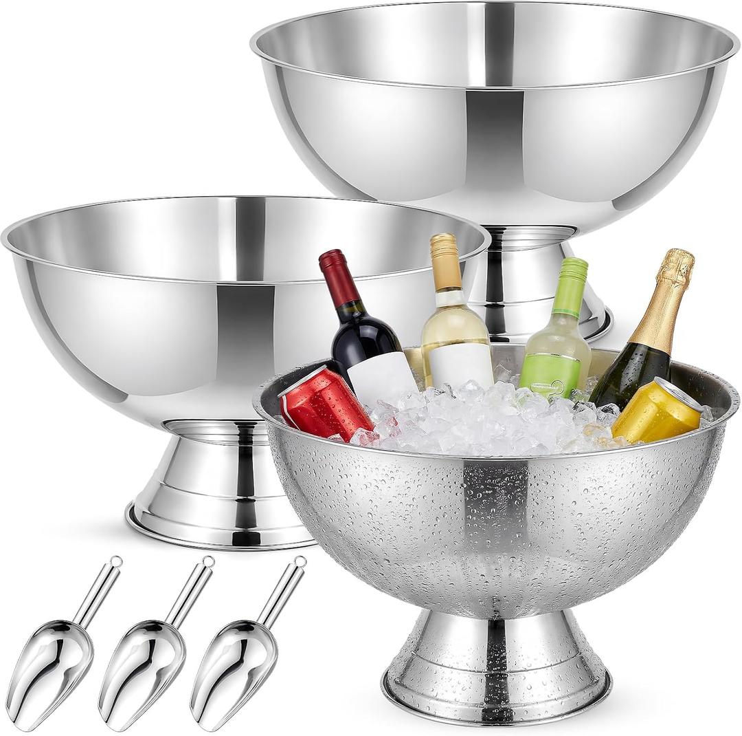 Meekoo 3 Pack 13L Large Ice Bucket, Silver Stainless Steel Champagne Buckets with Scoop, Drink Beverage Tub for Parties, Cocktail Bar, Chilling Wine