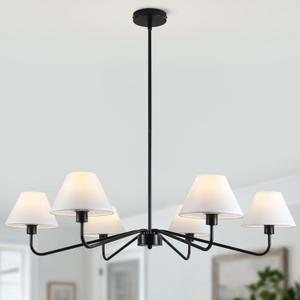 37" Black Dining Room Light Fixture, 6-Lights Modern Chandeliers with White Fabric Shade, Classic Farmhouse Ceiling Light Hallway Pendant Lighting for Kitchen Island Living Room Bedroom Entryway Foyer