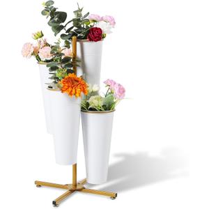 Flower Bar Stand with 4 Metal Buckets, 4 Tier Flower Display Stand, Rotatable Flower Cart Iron Plant Stand for Wedding or Florist Decor, Upgrade Metal Bucket Durable than Plastic Bucket