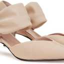 Coutgo Womens Low Kitten Heel Dress Shoes Pointed Toe Slip on Ankle Strap Cutout Elegant Party Wedding Pumps (Beige, Size 9)