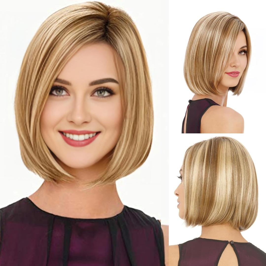 RENERSHOW Short Ombre Blonde Bob Wigs for Women 12 inch Cute Straight Bob Wigs for Girls Mixed Blonde Highlight Synthetic Wig Pixie Cut Hair Replacement Wigs RENERSHOW Short Ombre Blonde Bob Wigs for Women 12 inch Cute Straight Bob Wigs for Girls Mixed Blonde Highlight Synthetic Wig Pixie Cut Hair Replacement Wigs