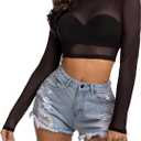 Avidlove Women's Mesh Tops Long Sleeve See Through Tee Shirt Crop Sheer Blouse Sexy Clubwear XS-4XL (Black, XS)