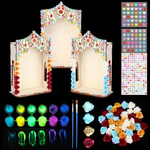 Glow in the Dark Dia De Los Muertos Altar Ofrenda Box DIY Decoration Kit, 3 Pcs Altar with Luminous Roses, Luminous Paint and Diamond Stickers, Day of the Dead Supplies and Decor