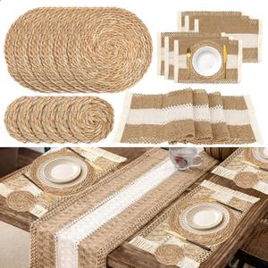 Boho Placemats Set of 6,Table Runner with Matching Round Woven Placemats,Macrame Table Decor Farmhouse Style Natural Burlap Cotton Placemats for Kitchen and Dining Table Centerpiece Home Decorations