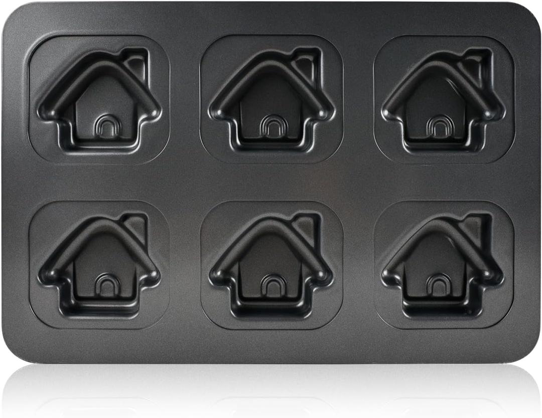 House Shaped Muffin Pan, 6-Cavity Carbon Steel Baking Mould, Nonstick Mini Cake Mold for Homemade Desserts & Gifts