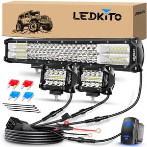 20 inch LED Light Bar and 2PCS 4 Inch LED Pods with Switch 20AWG 3 Leads Wiring Harness Kit Triple Row Spot Flood Combo Light Bar Pods Kit for Off Road UTV ATV Pickup Trucks Boat