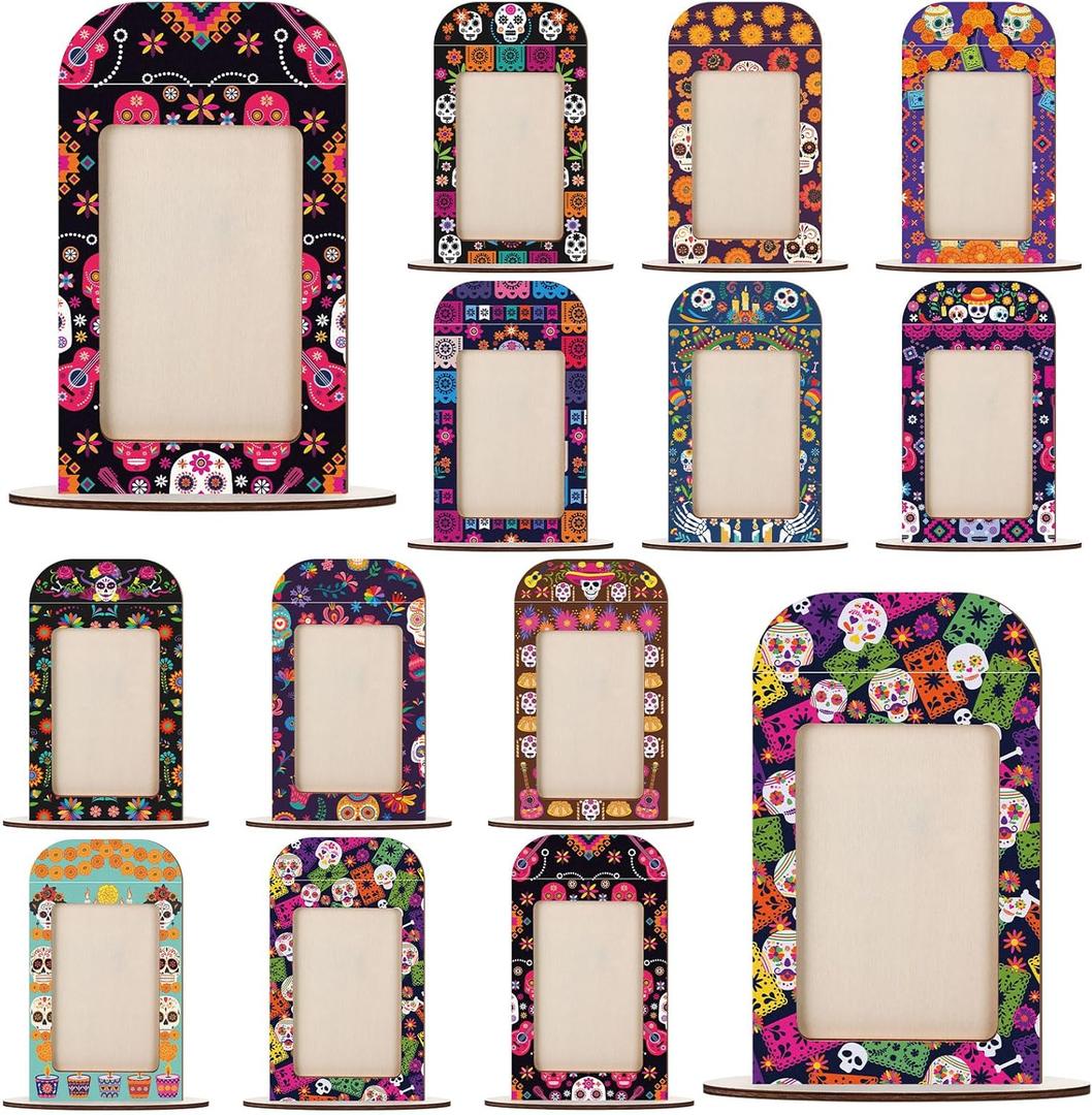 Qunclay 12 Set Dia De Los Muertos Altar Day of the Dead Decorations,Wooden Frames Picture Dia De Los Muertos Altar Kit Ofrenda Picture Frame Tabletop Halloween Diwali Decoration(5.9 x 3.9 Inches)