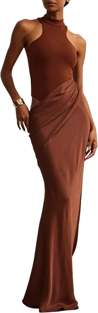 Women's Sexy Sleeveless Cut Out Maxi Dress Mock Neck Pleated Satin Zipper Back High Waist Patchwork Vest Long Dresses (Brown), Small