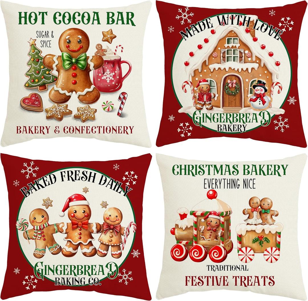 THAWAY Christmas Pillow Covers 18x18 Inch Set of 4 Gingerbread Man House Decorative Cushion Covers Xmas Bakery Hot Cocoa Outdoor Pillowcase Winter Holiday Decor Cushion Case for Home Couch (Red Green)