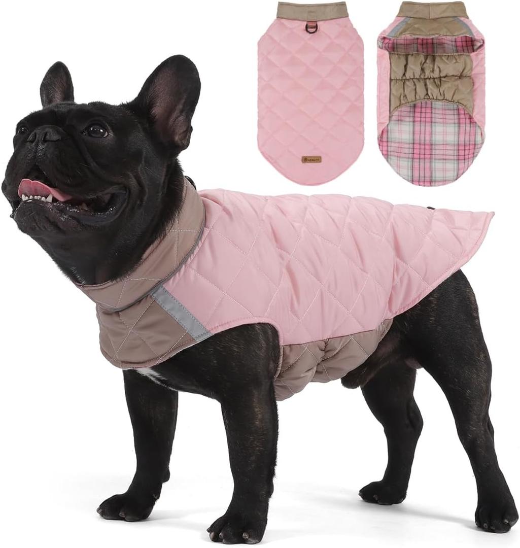 Reversible Waterproof Dog Coat - Adjustable Winter Jacket for Small to Large Breeds, Warm Cold Weather Apparel for Medium Dogs (Pink & Khaki, Medium (Pack of 1)