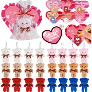 Valentines Gift Cards for Kids Classroom, 24 Packs Valentine's Day Plush Bears Stuffed Animal Mini Plush Toys with Heart Cards, Girls Boys Valentine Gifts Party Favors Classroom School Exchange Prize