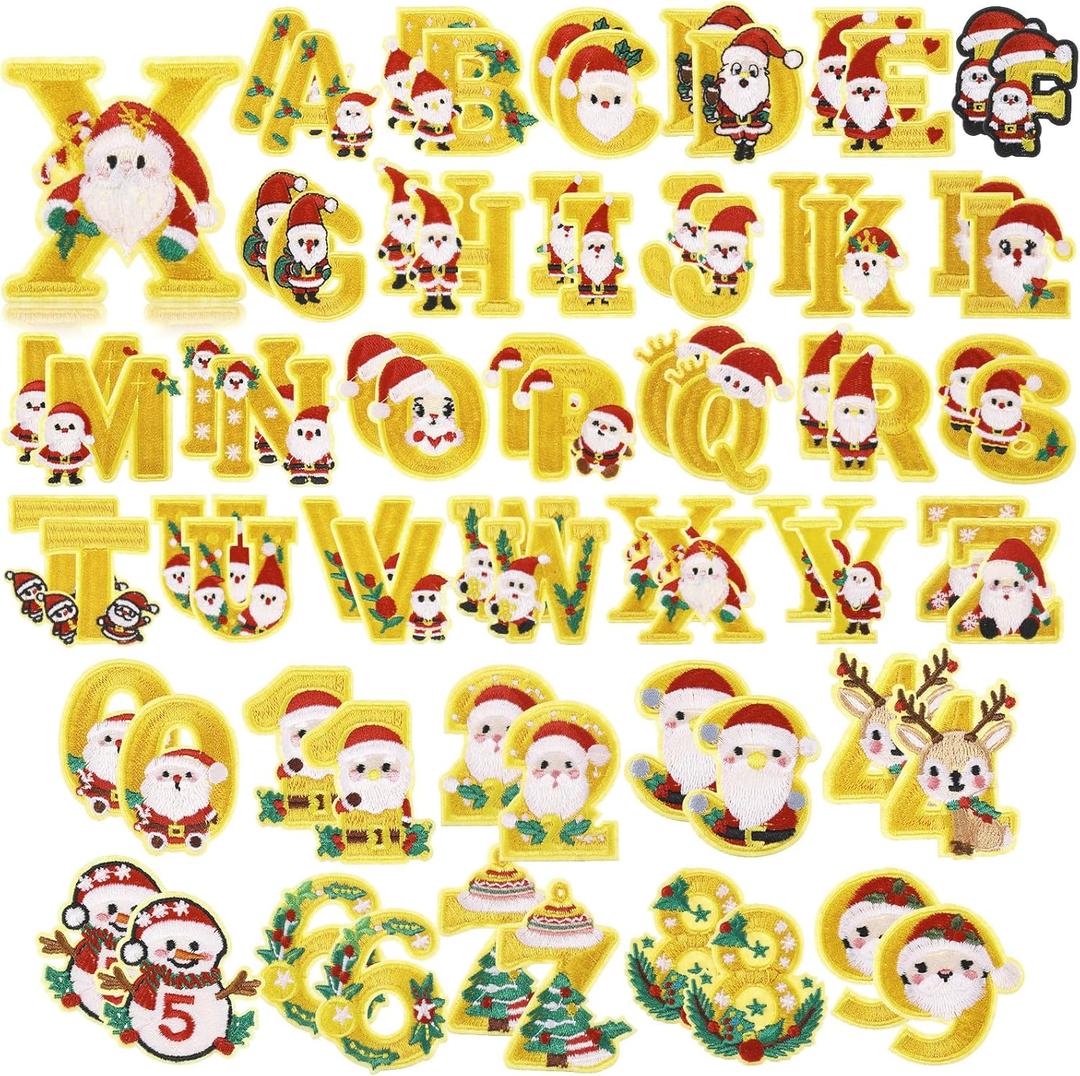 72 Pcs Christmas Chenille Letter Number Patches, Include 52 A-Z Letters & 20 Numbers 0-9 Stitch Iron on Patches Stickers Self Adhesive Embroidered for DIY Clothing Bags Hats (Gold,Warm Style)
