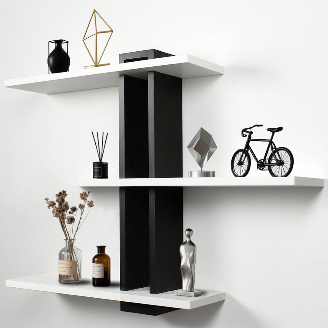 Black Floating Shelves for Wall 3 Tier White Bathroom Shelf Wall Mounted Modern Pine Wooden Shelves Rack for Livingroom Bedroom Kitchen Book Plants Organizers and Storage Decor, 19.6 inches x 5.6 inches x 21.2 inches