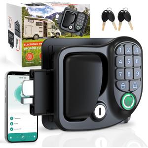 Upgraded RV Door Lock Replacement, RV Keyless Entry with Bluetooth, Fingerprint, Passwords, Keys, All Metal Zinc Alloy Security Kit for Trailer Door Camper Horse Trailer Cargo