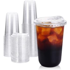 Turbo Bee 50 Pack - 16 oz Round Bottom Clear Plastic Cups with Strawless Sip - Lids, Disposable To Go Coffee Cups with Sippy Lids for Iced Coffee, Cold Drinks and Beverages