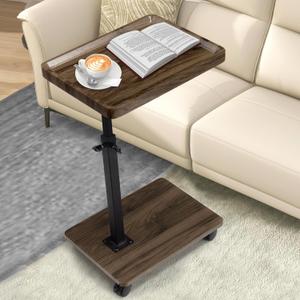 Aoligrace C Table End Table Adjustable Height, 360 Swivel Side Table with Wheels, Small TV Tray Table for Living Room Bedroom, Couch Tables That Slide Under for Sofa Bed Chair (Walnut)
