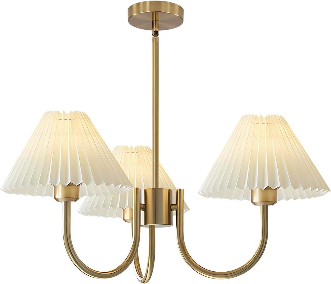 KCO Lighting 3 Light Chandelier Light Fixture Traditional Pleated Chandelier Small Vintage Entryway Chandelier Mid Century Modern Chandelier Brushed Gold Chandeliers for Dining Room