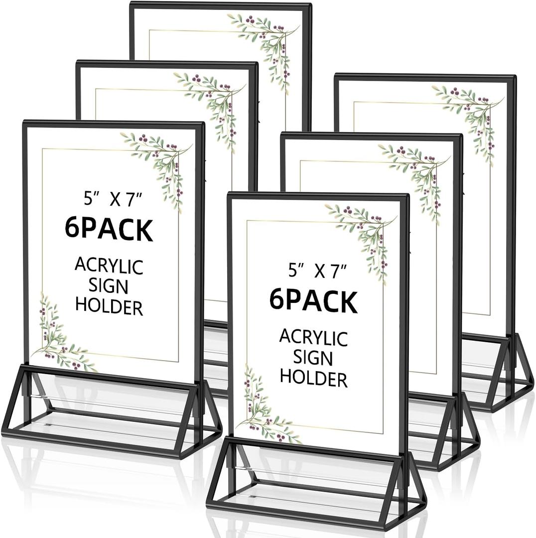 Acrylic Sign Holder 5x7 Display Stand, Clear and Stable Table Plastic Paper Holder, Acrylic Frames for Home Office Shop Photo Frames Exhibition Black (6pcs)