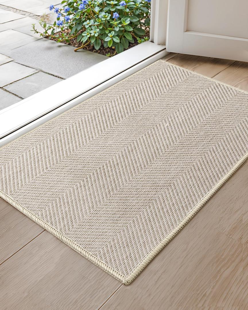 Color&Geometry Extremely White Beige Small Ultra Thin Indoor Door Mat 17"x30", Machine Washable Front Door Mat Non Slip, Low Profile Entrance Mat Indoor, Absorbent Carpet for Inside Use (FOLD),White Beige, 1'5" x 2'6" (Rectangular)