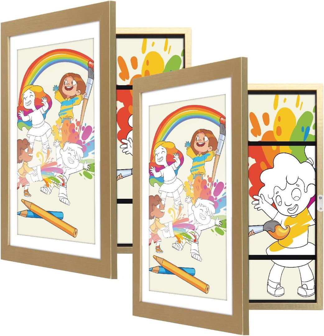 Toner Depot 2 Pack Kids Art Frames 9.5x13 Front Opening Kids Artwork Storage Frames, Quick Change Photo Frame Displays 50-100 Works of Art, for 3D Picture, Crafts, Hanging Art, Portfolio (Gold)