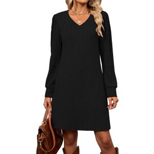 Halife Womens Knit Long Sleeve Fall Dresses Casual V Neck Tunic Sweater Dresses with Pockets (Large, Black)