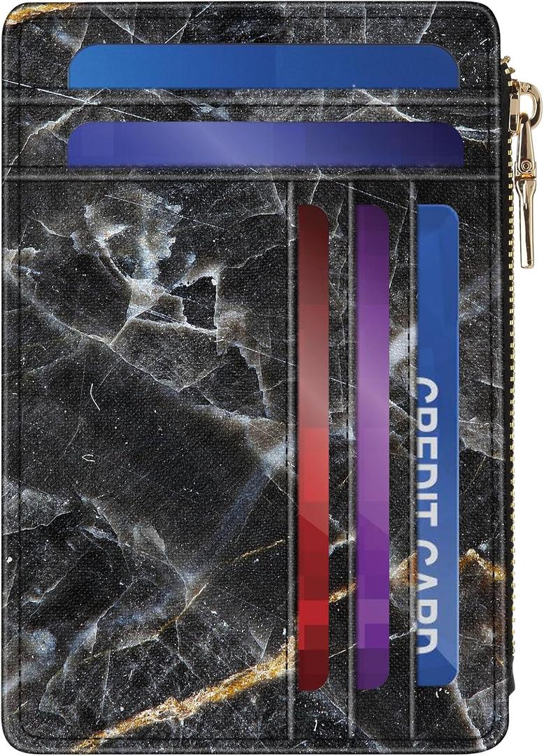 small wallet women, RFID thin wallet for women, thin ladies credit card holder (Black marble)