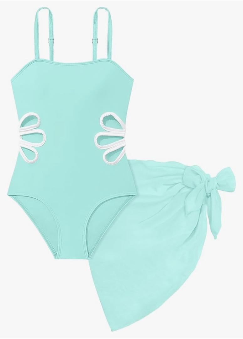 TALLWH Girls Swimsuit, Adjustable Straps Cut Out One Piece Bathing Suit with Solid Color Cover Up Skirt Girls' Swimwear 5-6Y, Cyan Blue