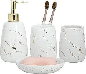 Bathroom Accessories Set 4Pc Ceramic White with Gold Marble Pattern Lotion Soap Dispenser, Toothbrush Holder, Tumbler,soap Dish Bathroom Decor and Gift for Vanity Counter top