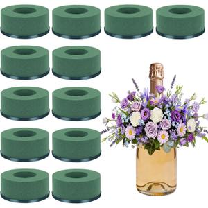 12 Pcs Mini Floral Foam Holder for Wine Bottle, Green Floral Foam Round with Plastic Base, Floral Arrangement Supplies for Wedding Party Table Wine Bottle Decor (12)