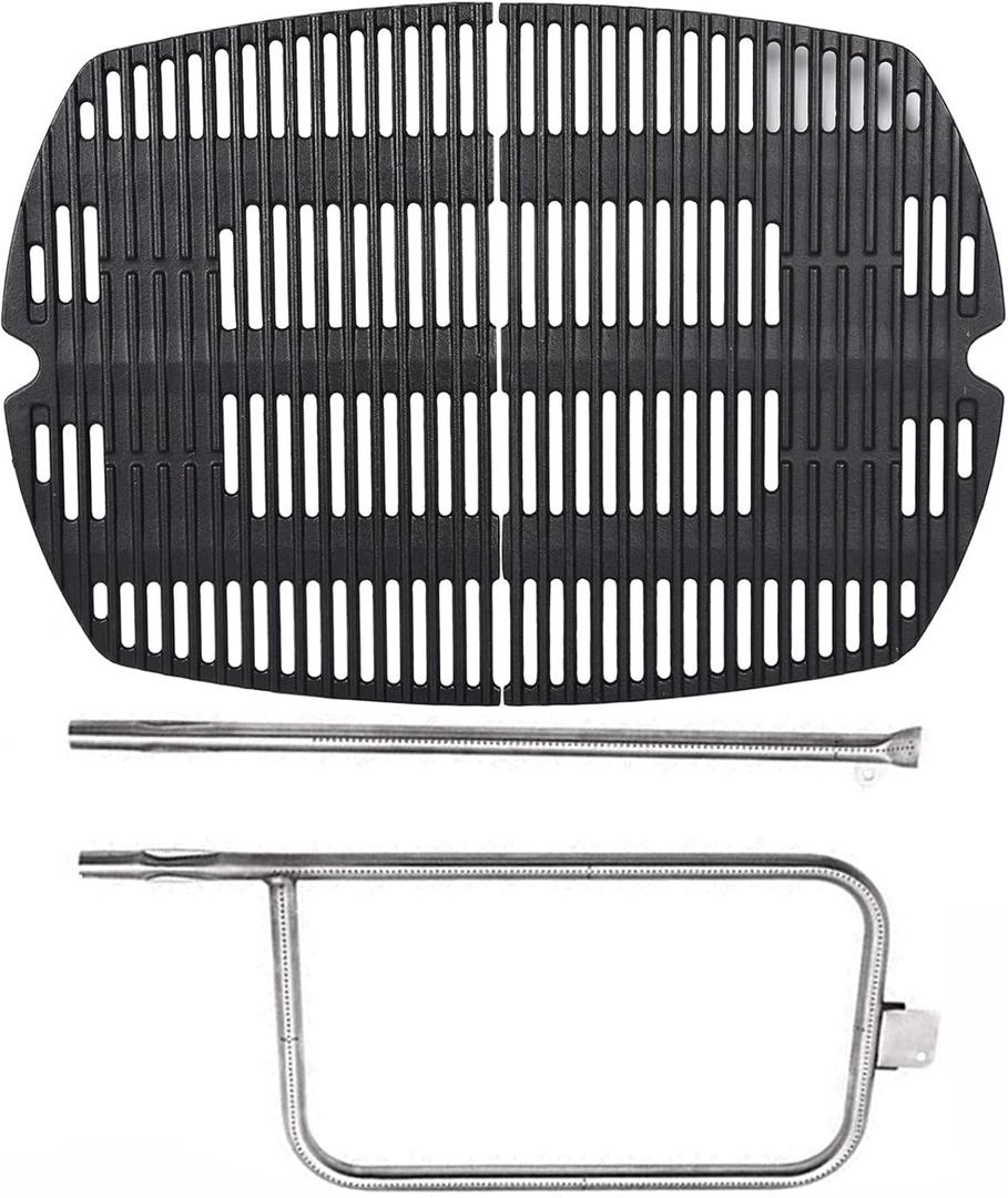 SafBbcue 7584 25" Cast Iron Cooking Grates & 65032 23.75" Grill Burner for Wber Q300 320 3000 3200 57060001 586002 Grills, Baby Q Grill Grids & Grates and Grill Burner Tube Kit for Weber 7646 & 65032