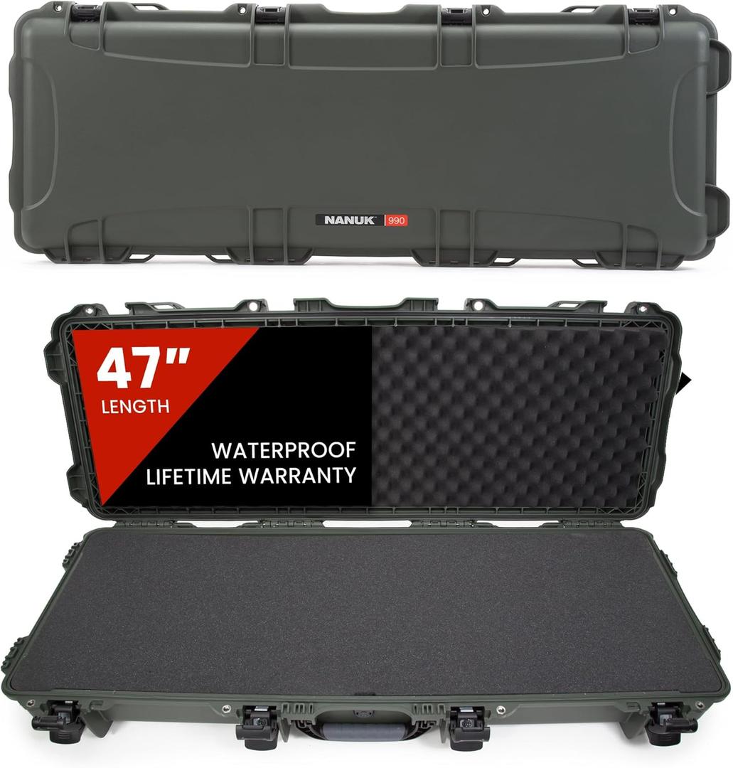 NANUK 990 Hard Case 47” with Wheels & Customizable Foam Insert, IP67 Waterproof & Crushproof, Rugged Construction for Ultimate Protection, Made in North America – Olive (47.1” x 17.3” x 6.6”)