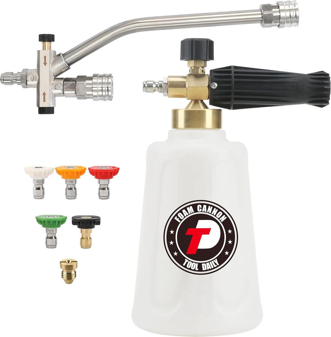 Tool Daily Foam Cannon for Pressure Washer with Double Tip Attachment, Dual Lance Wide Mouth Soap Cannon, 5 Power Washer Sprayer Nozzles, 1/4" Quick Connect, 3600 PSI