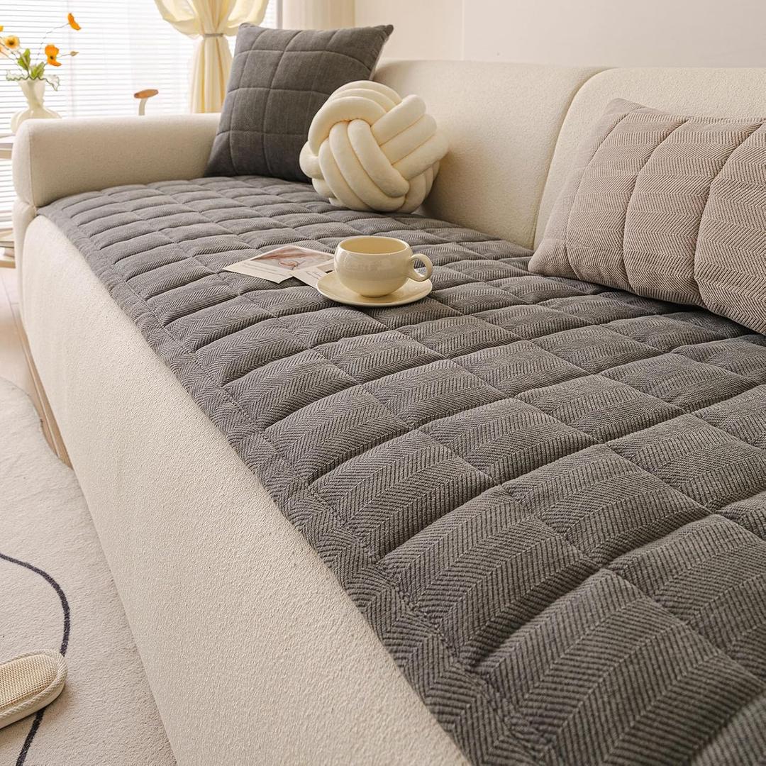 vctops Soft Chenille Couch Cover for 3 Cushion Couch Herringbone Plaid Quilted Sofa Cover for Dogs Washable Non Slip Sofa Slipcover Furniture Protector Pets Friendly Mat Bed (Grey,28"x59")